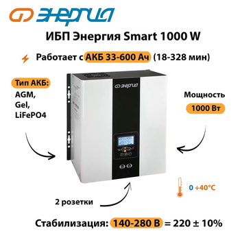 ИБП Энергия Smart 1000W - ИБП и АКБ - Энергия ИБП Smart - . Магазин оборудования для автономного и резервного электропитания Ekosolar.ru в Одинцове